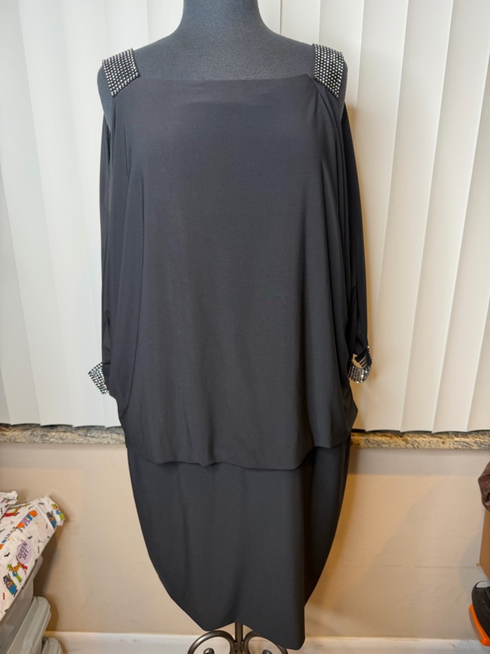 Betsey Adam Black Embellished Shoulder & Cuff Women’s Dress